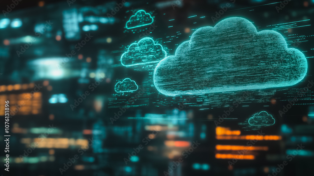 Poster a computer screen shows a cloud with a few other clouds in the background. the image has a futuristi