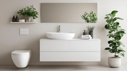 A modern bathroom featuring a sleek vanity, round basin, mirror, and decorative plants, promoting a minimalist and stylish atmosphere.
