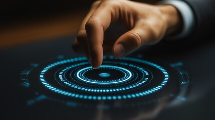 A hand is pointing at a blue circle on a screen. The circle is surrounded by a series of smaller circles, and the hand is hovering over the center of the circle. Concept of focus and attention