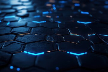 Obraz premium A dark, futuristic hexagonal grid with glowing blue lines, creating a sleek and modern design. The geometric pattern gives a sense of high-tech precision and digital innovation
