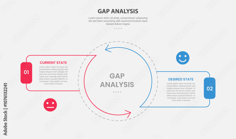 Aufkleber gap analysis infographic outline style with 2 point comparison template with big circle center and a