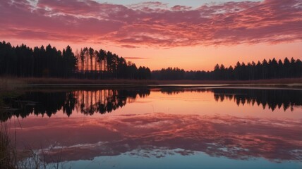 Fototapeta premium Pink and blue Sky And Mirror Like Lake On Sunset Background