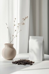 a clean white mockup of a coffee packaging, white background, studio enviroment.generative ai