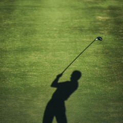 Golfer's shadow stretching long during powerful swing, early evening, golf swing shadow, light and shape