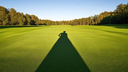 Golfer's shadow extending across the fairway during swing, golf shadow fairway, motion and light