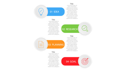 Business infographics template. 4-step design option. Workflow chart data on a white background. For presentation, process diagrams, business strategy elements vector illustration.
