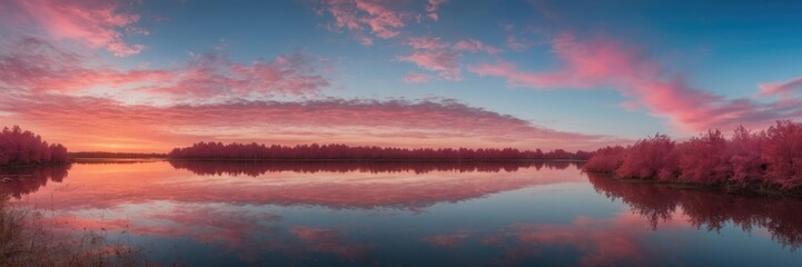 Fototapeta premium Pink and blue Sky And Mirror Like Lake On Sunset Background