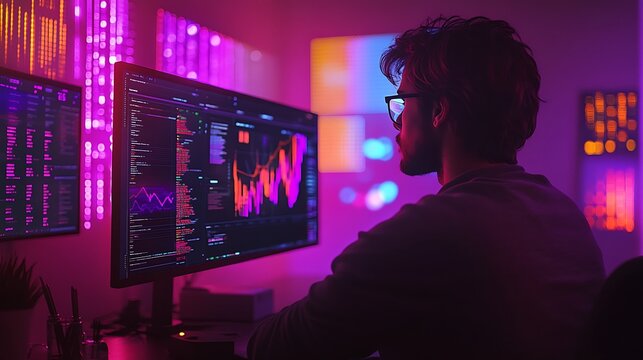 A data scientist intensely focused on a large monitor displaying complex data visualizations, colorful graphs, and interactive charts,