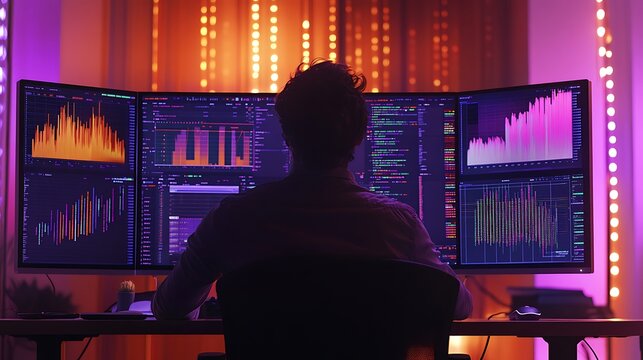 A data scientist intensely focused on a large monitor displaying complex data visualizations, colorful graphs, and interactive charts,