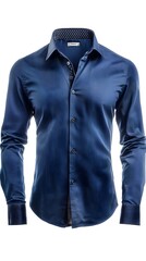 Close up of a formal blue dress shirt with a white collar and buttons