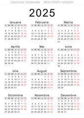 2025 romanian calendar. Printable and editable vector illustration for Romania and Moldova. 12 months year
