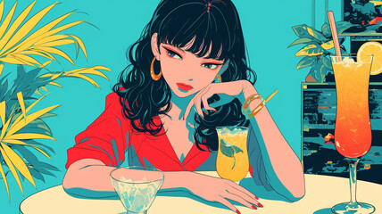 70年代、80年代のシティポップを意識したカフェを楽しむ女性のイラスト,レトロポップ,日本人,懐かしい,エモい,J-pop,エモーショナル,チル,背景素材	