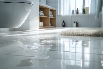 A puddle of water on a white tiled bathroom floor, near a toilet and a rug.