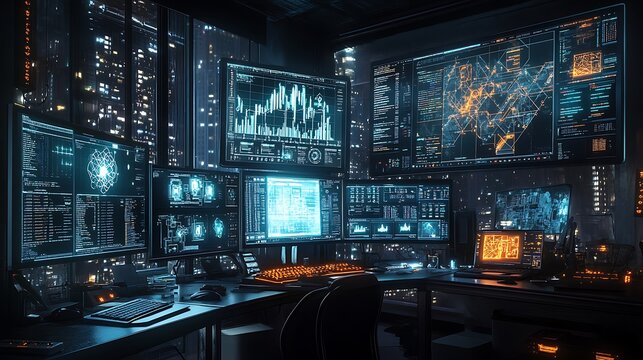 A developer deeply focused on coding a machine learning model in Python, multiple monitors displaying data visualizations, neural network diagrams, and Python code,