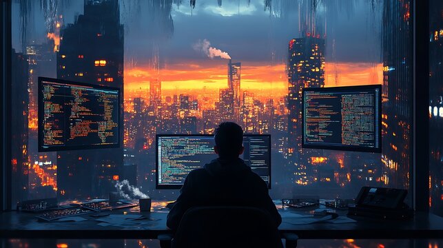 A developer immersed in coding, dual screens showing data visualizations and Python scripts, desk covered with notes, a cup of coffee steaming nearby, modern tech office with a panoramic city view,