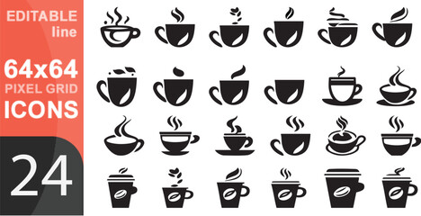 Coffee icon collection - vector outline illustration and silhouette