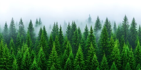 Fototapeta premium Misty Forest Canopy, Tall Evergreens, Lush Greenery