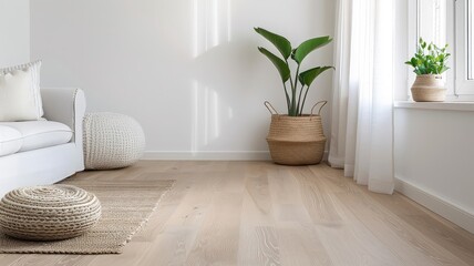 A bright and airy Scandinavian living room with light wood and minimalist furniture.