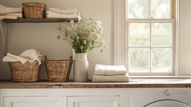 A vintage top-loading washing machine in a cozy laundry room with antique decor.