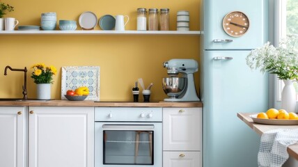 A vibrant yellow kitchen with retro appliances and patterned tiles.