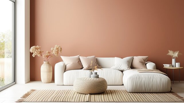 A warm orange living room with a terracotta accent wall and woven textiles.