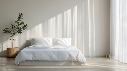 A minimalist white platform bed with clean lines and natural light.