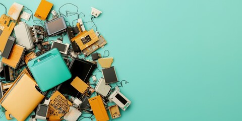A collection of colorful electronic waste arranged on a turquoise background, showcasing various discarded circuit boards and components.