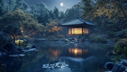 Fototapeta premium A serene Japanese garden at night with a traditional pavilion lit by warm light, reflecting on the still pond under a full moon.
