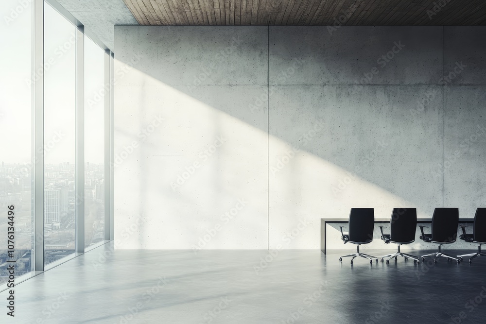 Aufkleber a modern conference room with a large window overlooking a city skyline. there is a long table with 