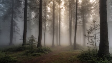 Obraz premium Trees in the fog. The smoke in the forest in the morning. A misty morning among the trees