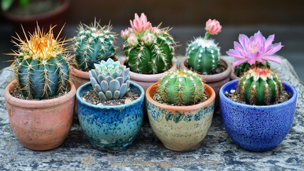 Colorful cactus collection in decorative pots, showcasing various species