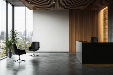 Modern office lobby with a reception desk, two chairs, and a large window overlooking the city.