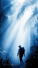 Fototapeta premium A lone hiker explores a misty jungle, bathed in ethereal blue light, AI
