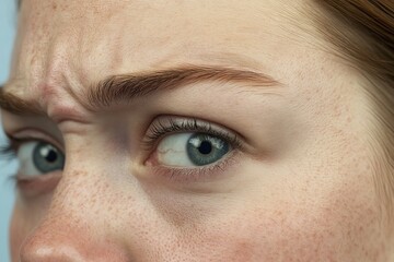 Obraz premium A close-up of a person's face showing a concerned expression with striking blue eyes.