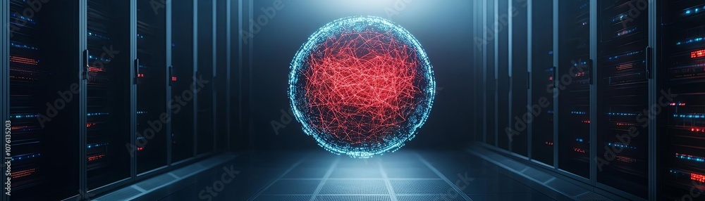 Poster abstract digital sphere with glowing lines in a futuristic data center background.