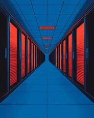 Futuristic server room with blue and red lighting, showcasing data storage systems