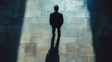 Business man standing on a stone floor with long shadow - motivation and empowerment concept