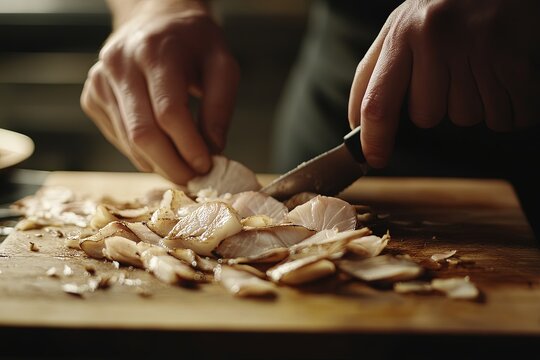 Fresh stroganina being skillfully sliced on a wooden cutting board in a cozy kitchen during evening preparation