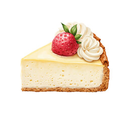 Watercolor illustration of a cheesecake with a strawberry and creams on a transparent background, PNG file. PNG element. Suitable for artwork design.