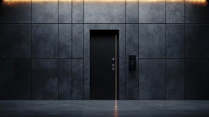 Obraz premium Modern black door on a sleek concrete wall with ambient lighting.