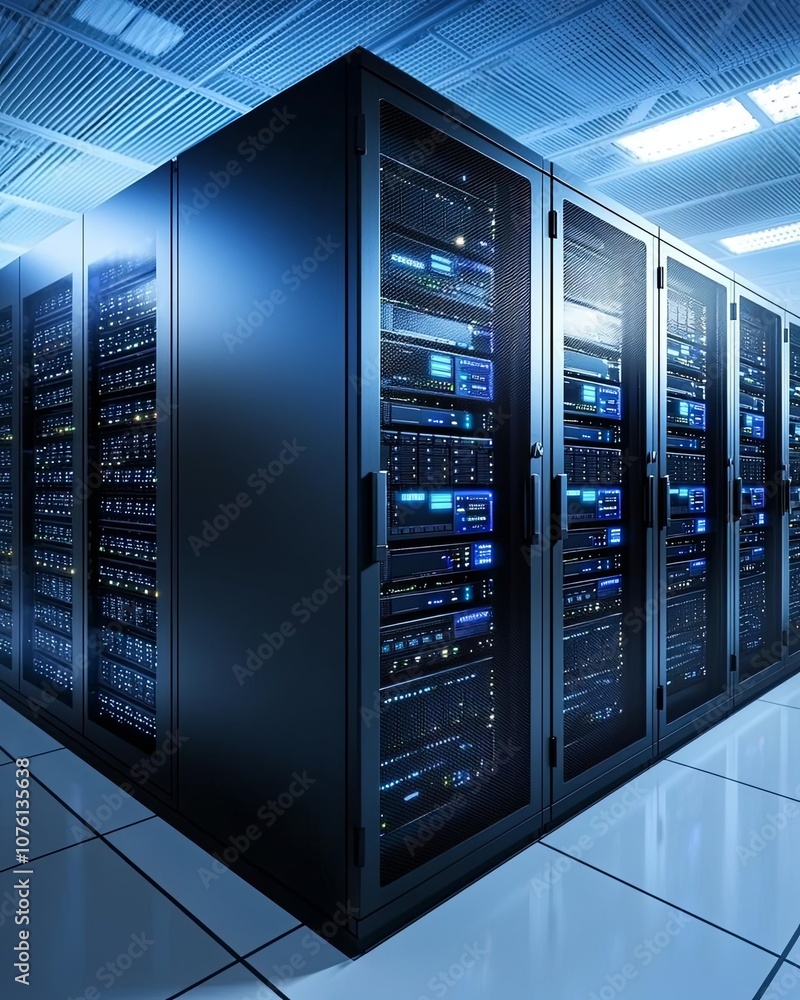 Poster data center with multiple server racks, illuminated by cool blue lighting.