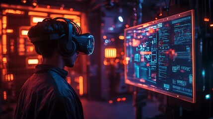 A VR coder standing in a dark tech lab, wearing a headset, manipulating holographic screens filled with AR code and visualizations, room illuminated by neon lights and digital reflections,
