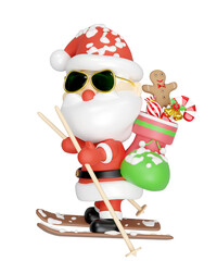 Santa Claus sunglasses skiing with Socks, Gingerbread man, Candy cane isolated. merry christmas and festive new year holiday travel concept, 3d illustration render