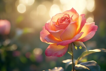 Obraz premium A single pink and yellow rose blooms in the warm afternoon sun, surrounded by a blurred background of other roses.