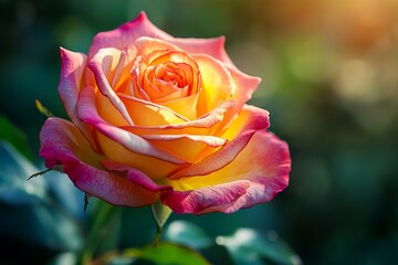A single pink and yellow rose in bloom with sunlight shining through the petals.