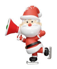 Santa Claus playing ice skating holding megaphone isolated. merry christmas, festive new year concept, 3d render illustration