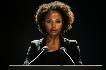 Confident Black woman addressing an audience from a podium with microphones in a dimly lit conference room