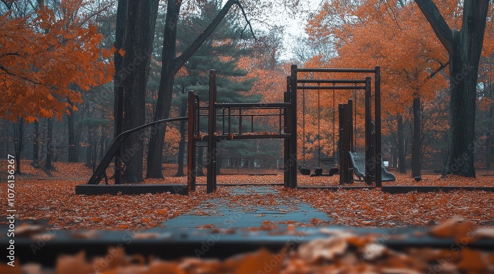 Aufkleber an empty playground with fall foliage in the background.