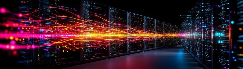 Obraz premium Data servers with vibrant light effects, depicting network connections.