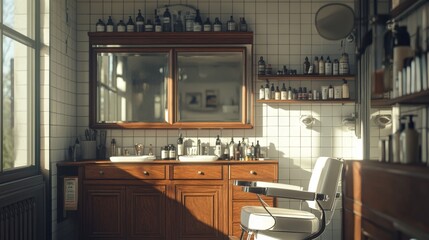 A vintage barber shop interior with white tiled walls, a wooden cabinet with a mirror, and a white barber's chair. Sunlight streams in from a window.